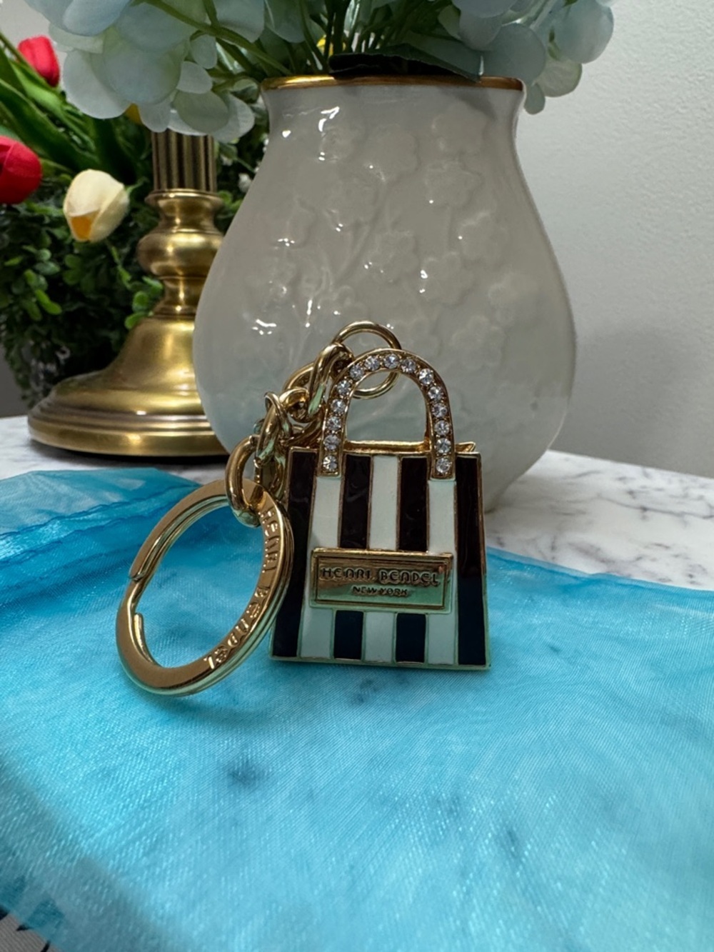 henri bendel Striped Mini Bag Keychain / Bag Charm Brown & White with Gold NWOT